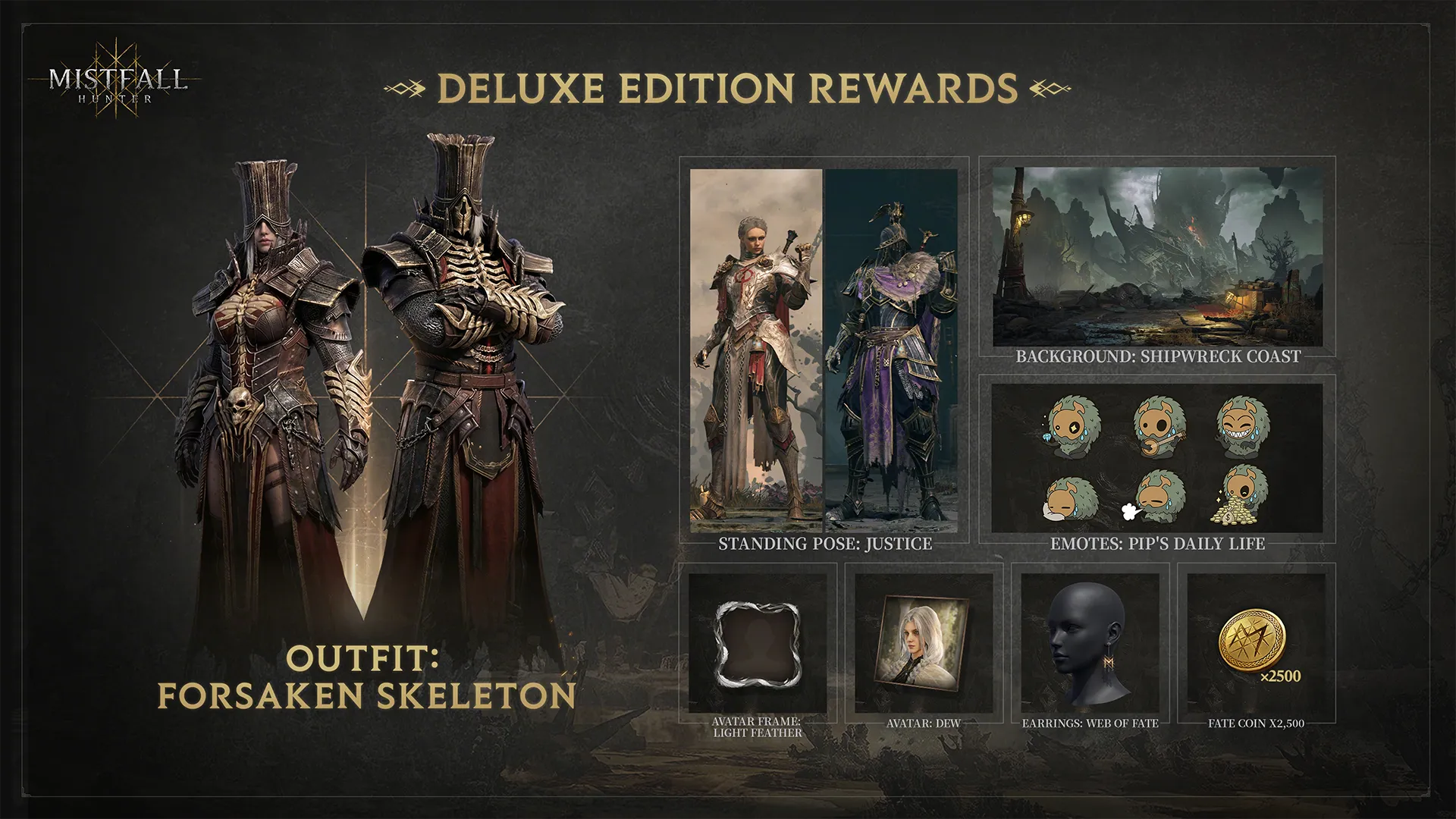 Official Steam artwork listing the Forsaken Skeleton outfit and Deluxe Edition rewards