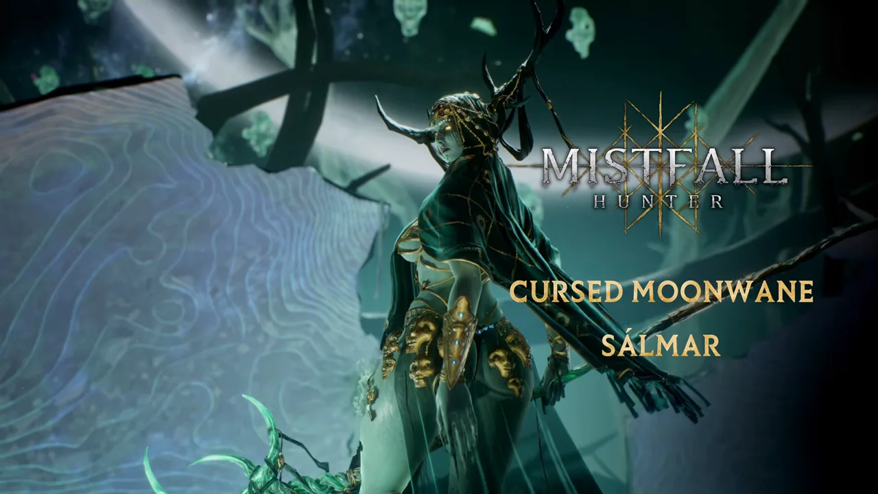 Sálmar, the Cursed Moonwane — a horned, gold-masked figure in the official Boss Reveal title card, captioned with her name