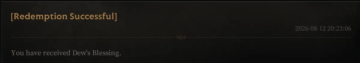 In-game mail headed [Redemption Successful], timestamped 2026-08-12 20:23:06, reading: You have received Dew's Blessing.