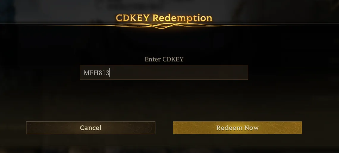 The in-game CDKEY Redemption panel, with MFH813 typed into the Enter CDKEY field above Cancel and Redeem Now buttons