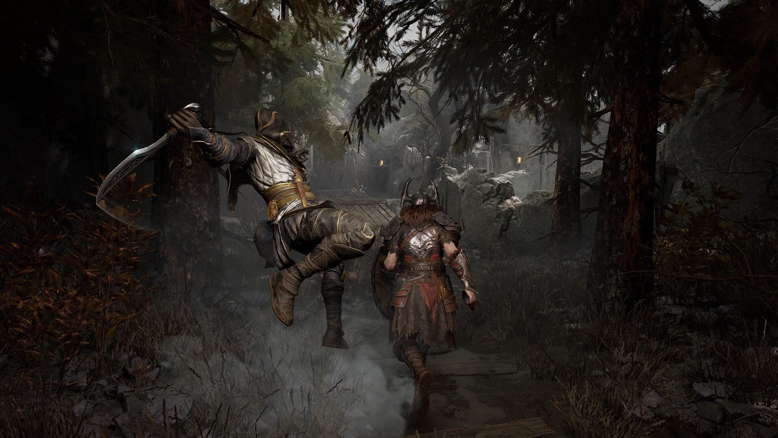 A hooded Gyldhunter dropping onto an unaware shield-carrying player in the woods