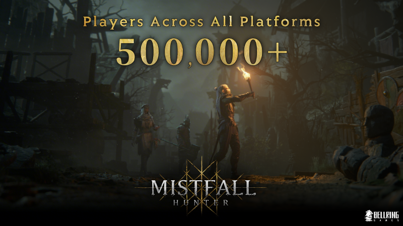 Official Mistfall Hunter graphic celebrating more than 500,000 players across all platforms