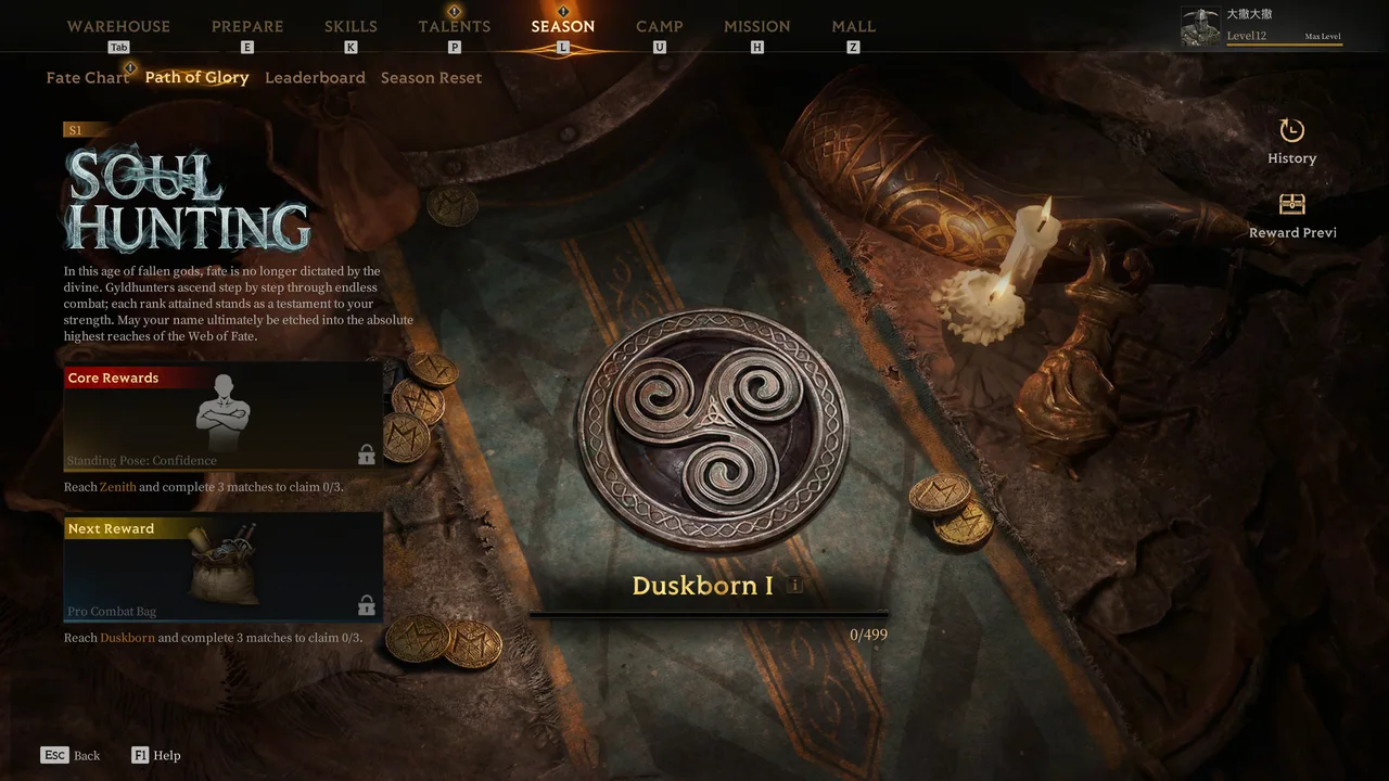 The in-game Path of Glory screen: the Season menu with Fate Chart, Path of Glory, Leaderboard and Season Reset tabs, showing the Duskborn I rank at 0 of 499 points